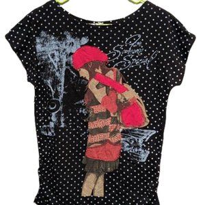 Beautiful polka dot ladies top with beautiful printed picture of a young lady